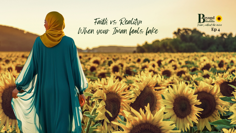 Muslim woman in abaya and hijab with conflicted expression, text overlay: ‘Faith VS Reality: When Iman Feels Fake. Allah Didn’t Abandon You