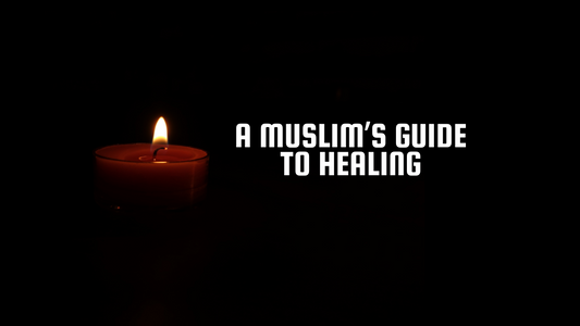 Single candle burning in darkness with Arabic calligraphy 'Allah' in the flame, text overlay: A Muslim's Guide to Healing