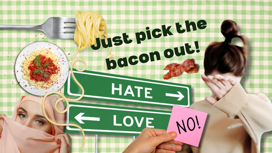 Frustrated Muslim woman at family dinner table pushing away pork-laced pasta, text overlay: ‘Just Pick the Bacon Out: A Revert’s Guide to Family Drama