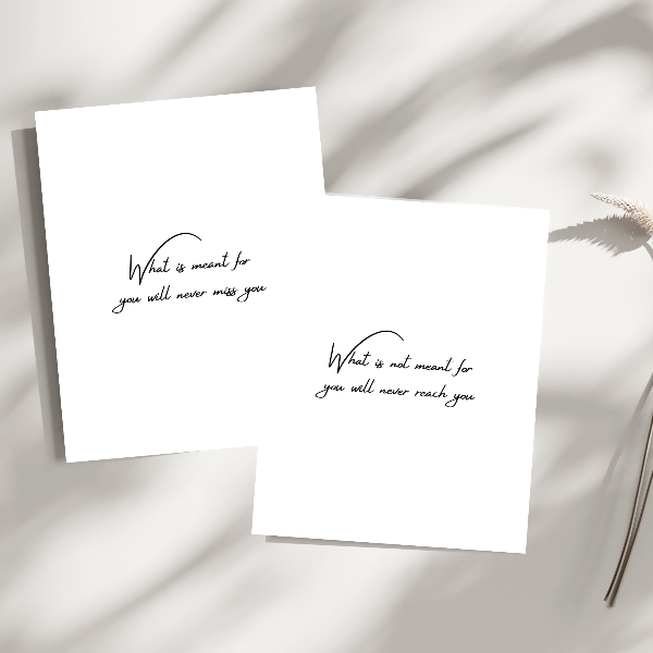 Minimalist 'What is meant for you' print with Quran and coffee cup flat lay.