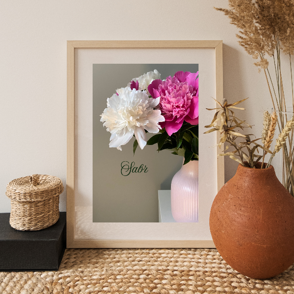Sabr Islamic wall art print with pink flowers and Arabic calligraphy - digital download